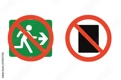 Vector set of emergency exit signs, do not block and no exit symbols. Prohibition and warning icons for safety regulations. Fire escape route keep clear notice illustration.