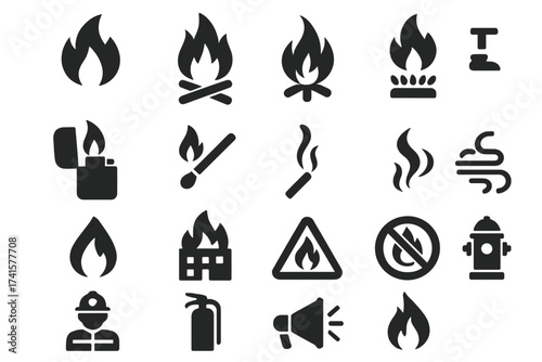 Fire and firefighter vector icon collection. Solid pictograms of flame, campfire, match, lighter, extinguisher, hydrant, and warning sign. Safety, danger, and emergency concepts.