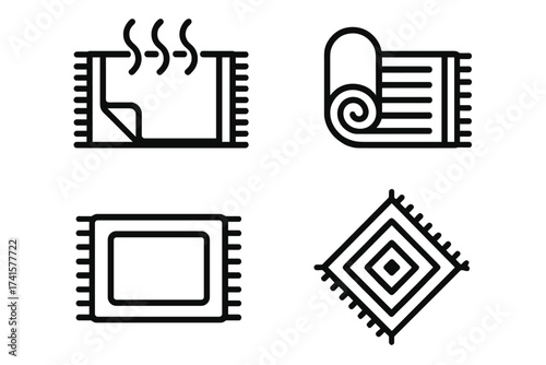 Fabric and textile line icon set. Vector symbols for rug, carpet, mat, and flooring. Includes professional steaming, cleaning service, rolled rug, and home decor elements.