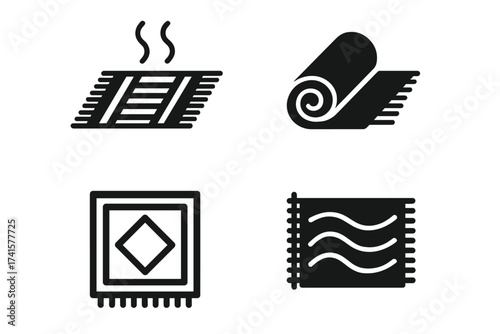 Fabric icons set. Textile, rug steaming, mat, carpets, flooring vector illustration. Home decor material care. Rolled carpet symbol. Cleaning service pictogram collection.