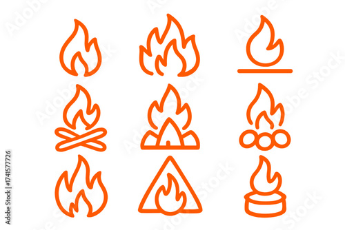 Fire and flame vector line icon set. Simple orange pictogram collection of campfire, bonfire, and flammable warning symbol. Minimalist outline illustration for design.