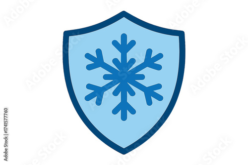 Frost resistant vector icon for cold resistance. Blue snowflake in a shield for winter protection. Weatherproof and freeze-proof symbol. Quality mark for durable material.