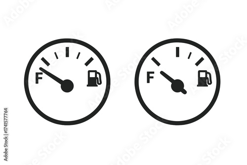 Fuel gauge icon set. Full and empty gasoline tank meter. Car dashboard indicator symbol. Vector illustration of petrol level scale from low to full power. Energy measurement.