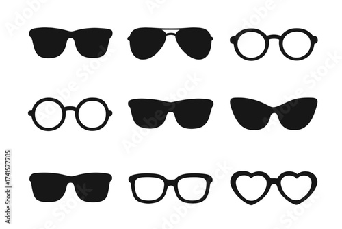 Glasses icon collection. Sunglasses symbol set. Vector illustration of various eyewear styles. Fashion accessory silhouettes like aviator, cat-eye, round, and heart frames.