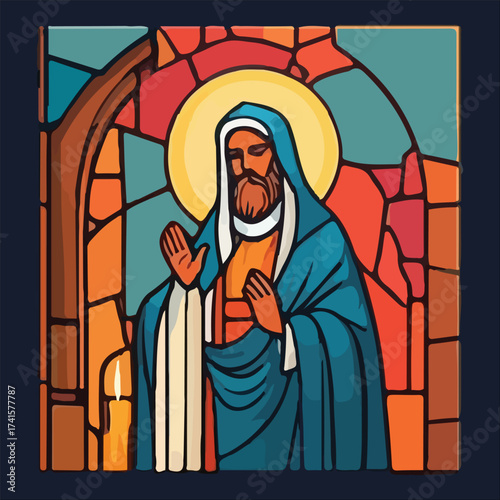 Stained glass depiction of a bearded man with halo vector