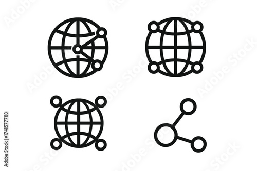 Global network connection icon set. Worldwide web, internet, and technology symbols. Vector pictogram collection for communication, data sharing, and global business concepts.
