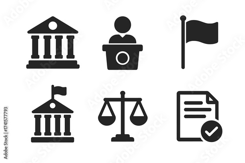 Government icon set vector illustration. Politics, law, justice symbols. Courthouse, politician, flag, capitol, scales of justice, approved document. Flat glyph pictogram.