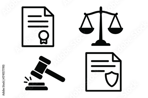 Law and justice vector icon collection. Legal symbols for court, judiciary, and legislation. Includes gavel, scales of justice, law book, and contract icon. Lawyer and attorney concept.