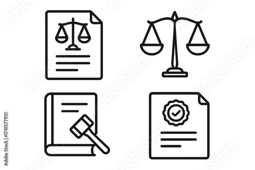 Justice and law line icon set. Legal concept with scales, gavel, book, and certified document. Vector symbols for court, lawyer, and auction. Rights, legislation, and judiciary.