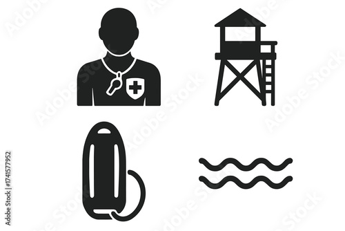 Lifeguard icon set for water safety. Beach and pool rescue symbols including lifeguard tower, rescue buoy, and emergency whistle. Vector glyph pictograms for sea safety concepts.