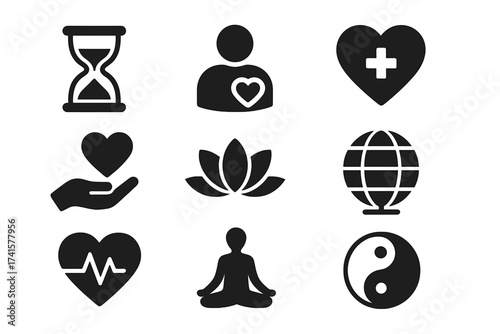 Life icon set with wellness, health, and spiritual symbols. Vector graphic collection for lifespan, soul, vitality, insurance, existence, pulse, harmony, yoga, and meditation.
