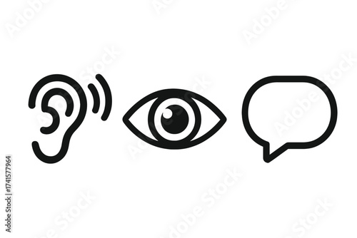 Listen, look, and speak icon set. Ear for hearing, eye for vision, and speech bubble for talking. Sensory perception and communication concept. Simple vector line icons.