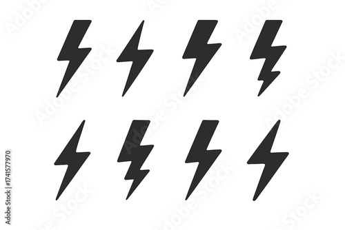 Lightning bolt vector icon set. Thunder flash symbol collection. Simple flat silhouette for power, energy, electricity, charge and danger. Electric shock and voltage graphic element.