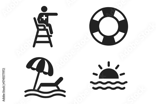 Lifeguard icon set. Beach safety and summer vacation symbols. Lifeguard on tower, lifebuoy, sunbed with umbrella, sunset over sea. Water rescue and holiday concept vector.