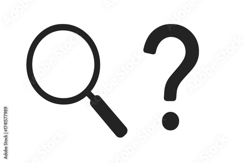 Magnifying glass and question mark icon set. Search, find, and investigate symbol. Concept for FAQ, query, support, and problem solving. Analysis and research vector illustration.