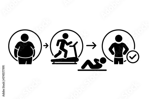 Weight loss transformation process from obesity to fitness. Exercising, treadmill running, crunches for belly fat reduction. Healthy lifestyle, body change, sport, fitness, diet, motivation steps icon