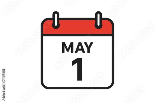 May 1st calendar page icon. First of May date reminder symbol for web and print. Daily schedule planner element. Spring holiday, International Workers' Day concept vector.