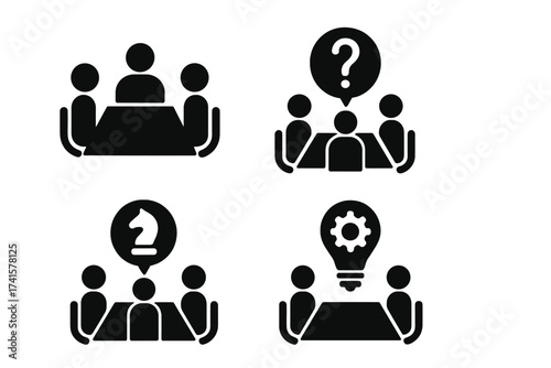 Meeting icon set for business conference. Teamwork collaboration symbol for problem solving, strategy, planning, innovation and idea development. Vector pictogram collection.