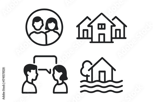 Neighbor and neighborhood icon set. Community, people, couple. Houses, real estate, village. Communication, talking concept. Flood, natural disaster, home insurance vector.
