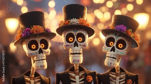 Three skeletons with top hats at a festival, glowing eyes