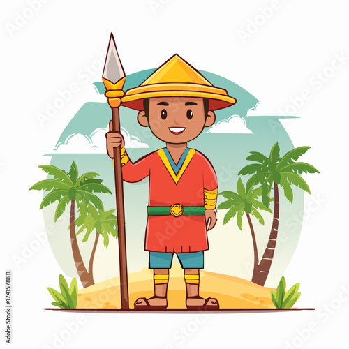 Tribal warrior with spear standing on beach