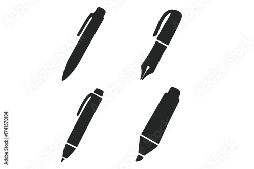 Pen icon collection set, stationery tools vector illustration, isolated black silhouette symbols of ballpoint pen, fountain pen, marker, and ink pen, transparent background