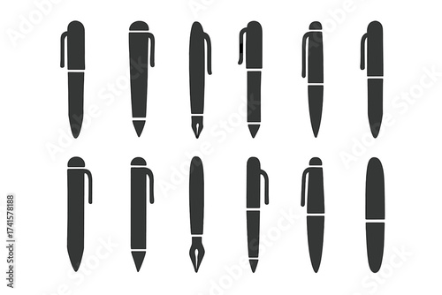 Pen icon collection set with stationery tool symbols, isolated black vector illustrations on white background, office supplies, writing instruments, ink pens, fountain and ballpoint pens