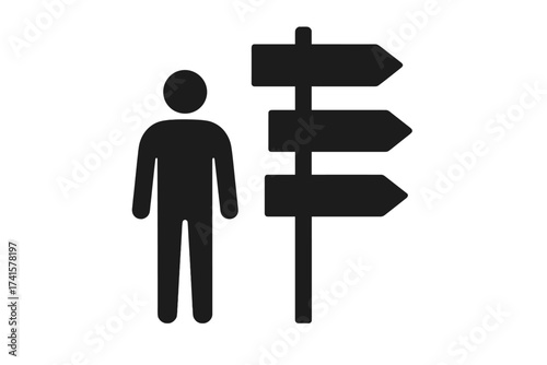 Past, present, future direction sign with person icon. Yesterday, now, tomorrow signpost. Metaphor for choice, decision, life path, and business strategy. Time concept.
