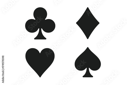 Classic playing card suits vector set, clubs, diamonds, hearts, spades icons, black card symbols collection, isolated transparent background illustration, ordered game design elements