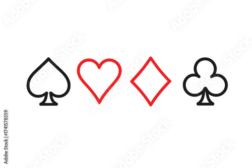 Play card suit icons vector set with spade, heart, diamond, club symbols. Minimalist outline playing card game vector illustration with transparent background, ordered design
