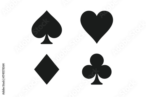 Playing card suit icons set vector illustration. Spade, heart, diamond, club symbols. Classic card game elements with transparent background. Casino, poker, gambling design.