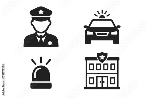 Police icon set. Vector illustration of policeman, patrol officer, police car with siren, police station building. Law enforcement security symbols isolated on white background.