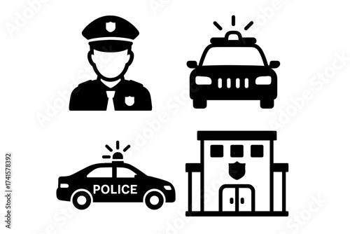 Police icon set with policeman, patrol car, police car and police station isolated on white background. Vector illustration of law enforcement symbols, security, safety, police department concept.