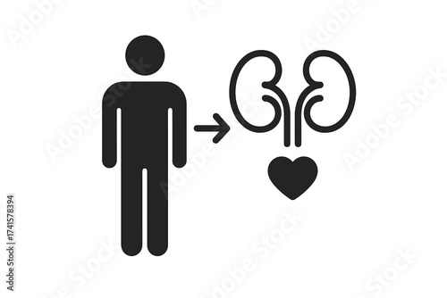 Kidney donor icon for organ donation awareness. Vector illustration of a human figure giving kidneys with a heart symbol. Medical transplant concept for health care & charity.