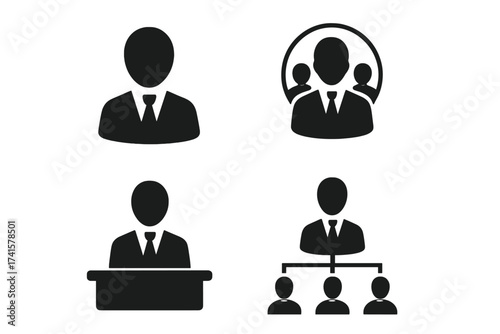 Manager icon set. Boss symbol. Management vector collection. Leadership, teamwork, and business people icons. Corporate hierarchy, organization chart, and speaker pictogram.