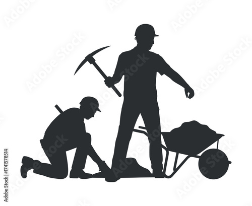 Construction Site Scene with Two Workers and Wheelbarrow Silhouette