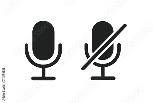 Microphone icon set for UI design. Mute and unmute audio button. Mic on and off symbol for web, app interface. Sound recording and voice control pictogram. Flat vector element.