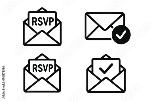 RSVP envelope icon set for event invitations, response confirmation symbols, vector illustration, open mail with RSVP card and check mark, vector design elements with transparent background