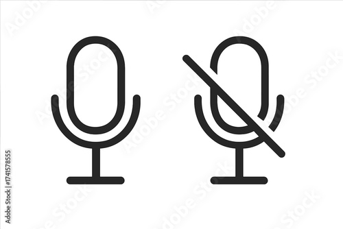 Microphone icon set. Mic button for web and mobile app. Mute and unmute audio symbol. Sound recording and voice control pictogram. Vector line illustration on background.