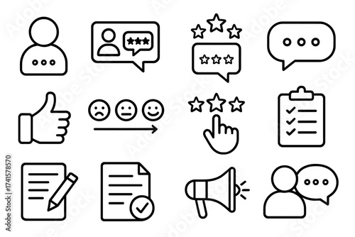 Review line icon set with feedback, testimonials, ratings, comments, likes, satisfaction, evaluation, survey, opinion, user rating symbols, outline vector icons collection