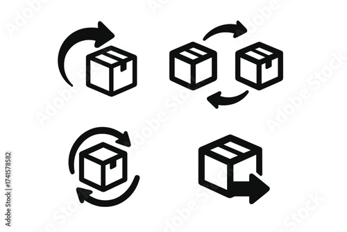 Return and Replace Product Icons Set, Vector Illustration of Shipping and Delivery Box Service Symbols, Editable Package Exchange and Parcel Return Arrows, Transparent Background