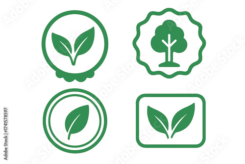 Natural product label icon set. Organic, bio, and eco-friendly vector symbols. Green leaf and tree for vegan food packaging. Certified fresh, healthy quality sticker and stamp.
