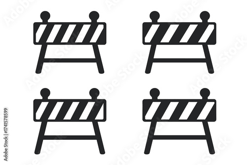 Set of black road barrier icons isolated on white background, construction and roadblock symbols, vector illustration with transparent background, safety barricades, traffic control