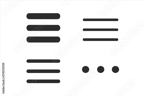 Hamburger menu icon set. Navigation button for website and mobile app. UI, UX element. More options, kebab and meatball menu symbol. Vector illustration glyph collection.