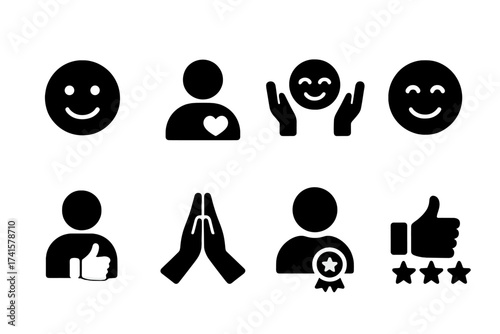 Satisfaction icon set with happiness, fulfillment, gratitude, joy, positive feedback, recommendation, thankfulness, acclaim, approval, and customer satisfaction symbols in solid vector style