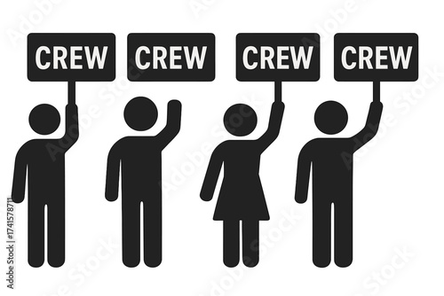 Crew sign icon vector. Staff company employee symbol. Team people holding sign. Group of workers or volunteers. Man and woman pictogram. Backstage personnel or event staff concept.