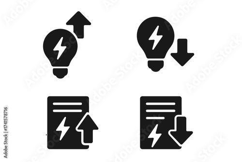Set of energy consumption increase and decrease icons, electricity power symbols, utility bill up and down arrows, solid vector icons for energy management and consumption tracking