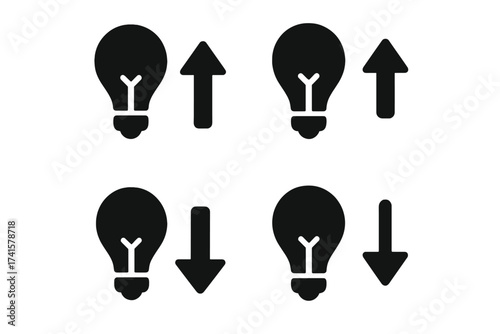 Energy consumption increase and decrease icons set, electricity power usage symbols with arrows up and down, utility bill adjustment signs, solid vector collection for energy management