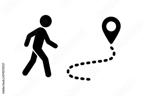 Person walking following GPS route icon, navigation path illustration, location tracking, digital map pointer, travel, walking direction concept, GPS navigation vector