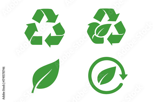 Green recycle icon set with leaf, eco-friendly recycling symbols, renewable energy and sustainability vector illustration, transparent background ecological design